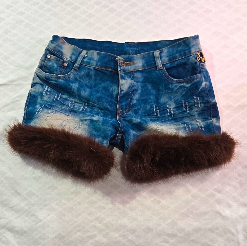 Y2K Gyaru Faux Fur Trim Stretchy Denim Shorts Size 31 Cyber Distressed
